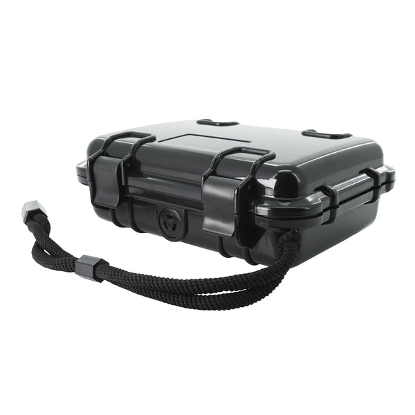 Black hard-shell protective case with a strap on a white background