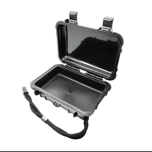 Black protective case with a handle on a white background
