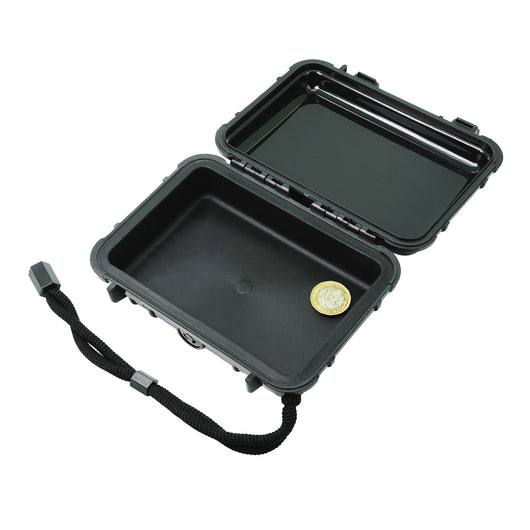 Black protective case with a coin inside on a white background